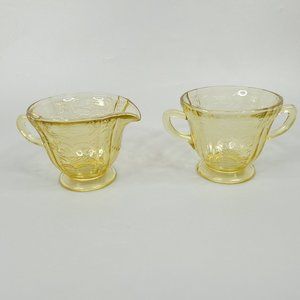 Yellow Madrid Creamer and Open Sugar Bowl Set Depression Glass MCM Amber Federal